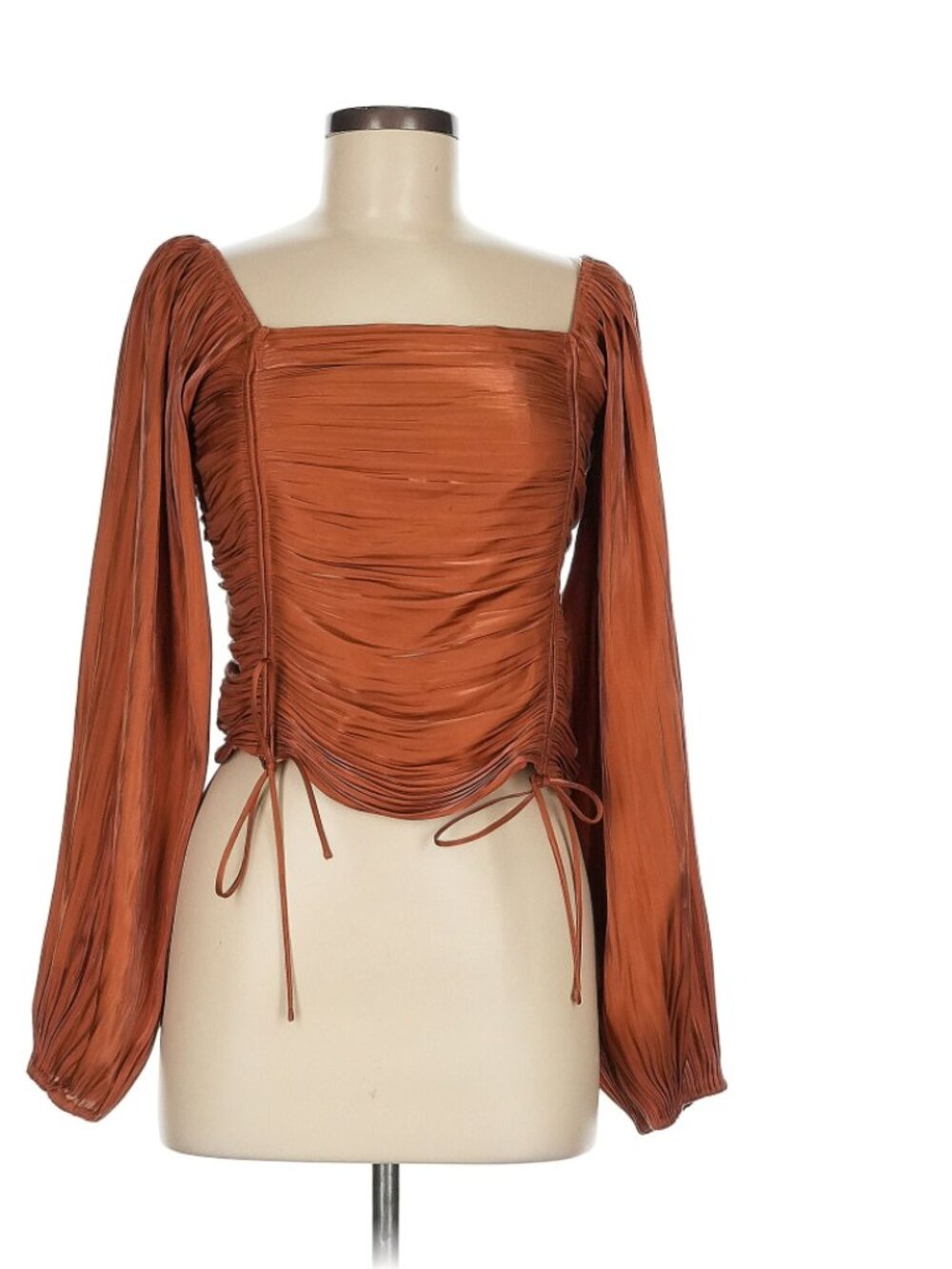 Line & Dot Rust Brown Ruched Square-Neck Long Sleeve Top